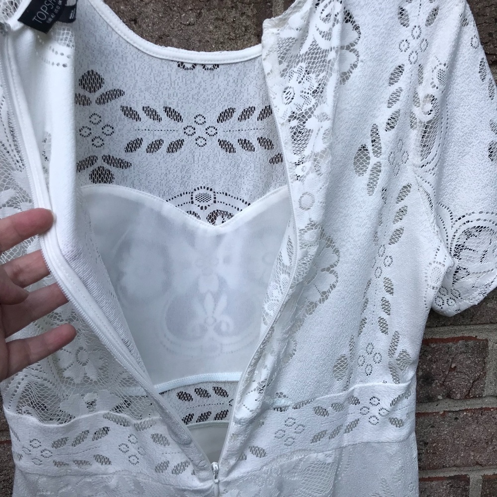 TOPSHOP Ivory/Cream Short Sleeve Floral Lace Dress | M - Picture 15 of 16